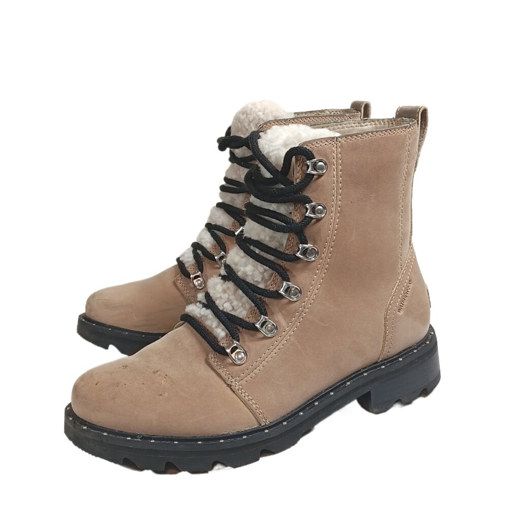 Sorel Lennox Hiker Boots Womens 7.5 Taupe Leather Shearling Waterproof Lace Cozy